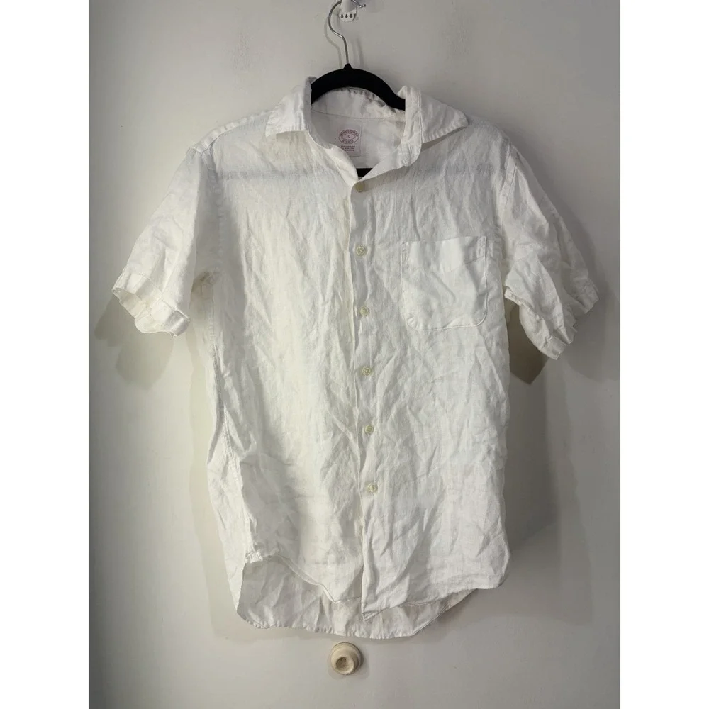 Brooks Brothers Irish Linen Shirt Mens Small White Short Sleeve Button Up